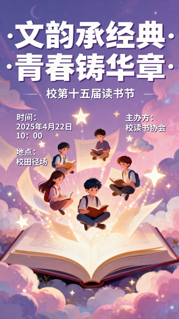 学校读书节活动海报，标题为"文韵承经典·青春铸华章"，副标题为"校第十五届读书节"，活动信息：时间2025年4月22日10：00，地点校田径场，主办方校读书协会。画面展现学生在书本中遨游，沉浸在知识的预览效果