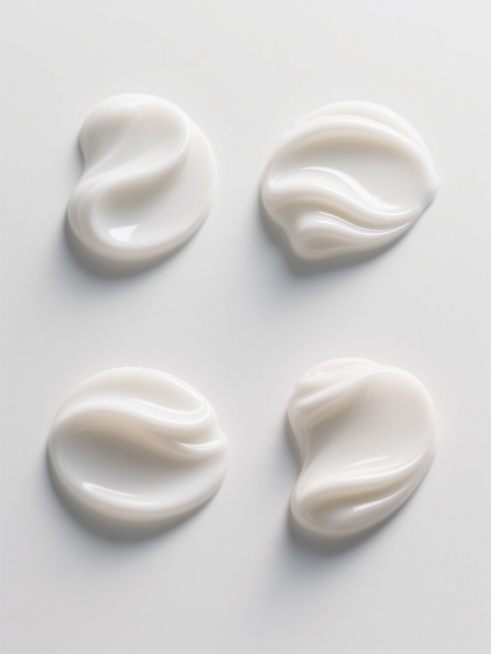 一张简约现代风格的设计图，画面中是四个规整排布的不同膏体素材，每个膏体都具有细腻光滑的质感和自然流畅的波浪形曲线，高光和阴影的过渡自然柔和，整体造型简约而富有美感，背景为纯白色，无任何文字、logo和水印。预览效果