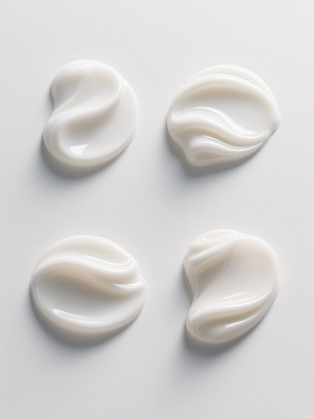一张简约现代风格的设计图，画面中是四个规整排布的不同膏体素材，每个膏体都具有细腻光滑的质感和自然流畅的波浪形曲线，高光和阴影的过渡自然柔和，整体造型简约而富有美感，背景为纯白色，无任何文字、logo和水印。