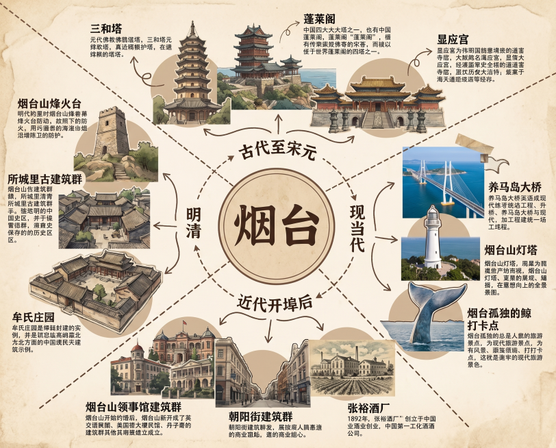 参考图环形时间轴排版，烟台建筑历史时间轴分析图，中心写"烟台"，按时间分段：古代至宋元包含三和塔、蓬莱阁、显应宫；明清包含烟台山烽火台、所城里古建筑群、牟氏庄园；近代开埠后包含烟台山领事馆建筑群、朝阳预览效果