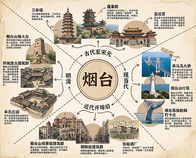 参考图环形时间轴排版，烟台建筑历史时间轴分析图，中心写"烟台"，按时间分段：古代至宋元包含三和塔、蓬莱阁、显应宫；明清包含烟台山烽火台、所城里古建筑群、牟氏庄园；近代开埠后包含烟台山领事馆建筑群、朝阳街建筑群、张裕酒厂；现当代包含养马岛大桥、烟台山灯塔、烟台孤独的鲸打卡点。每个阶段配对应建筑图文介绍，复古拼贴风格，信息图设计，清晰有条理