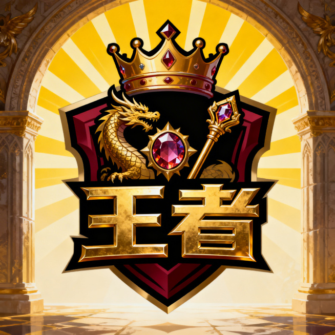電競戰隊「王者」標誌設計，華麗皇家徽章風格，中心頂部放置皇冠，包含龍、權杖和寶石核心元素，背景添加放射光芒和王宮拱門，中心是粗體金屬浮雕字體文字「王者」，配色為金黃搭配酒紅和黑色，整體呈現霸氣奢華的統预览效果