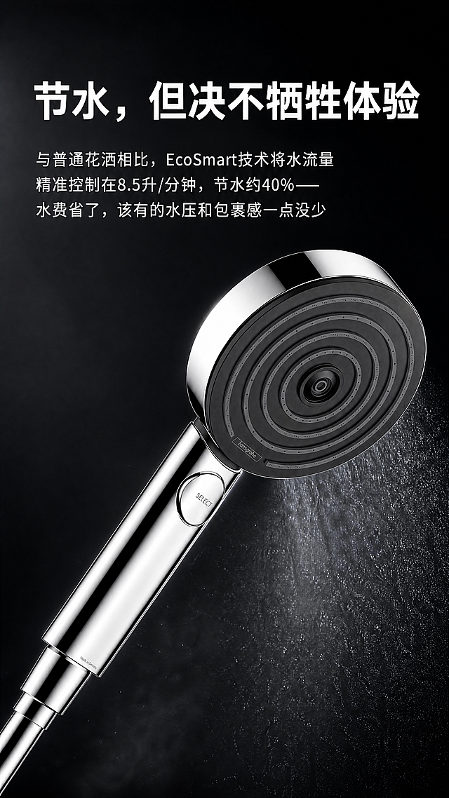 参考图片2的排版和风格，为图片1的银色花洒设计一张9:16竖版电商主图详情页，深色质感背景，顶部大标题："节水，但决不牺牲体验"，下方文案："与普通花洒相比，EcoSmart技术将水流量精准控制在8.5升/分钟，节水约40%——水费省了，该有的水压和包裹感一点没少"，整体风格简约高级，突出产品特性