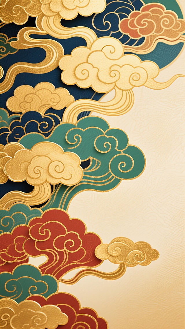 国潮风格背景，以金色为主色调，搭配深蓝、翠绿、赭石红等传统色彩，呈现出层次丰富的祥云纹样。祥云造型卷曲灵动，线条流畅飘逸，边缘有细腻的描金处理，展现出浓厚的中国传统装饰韵味。背景为米黄色渐变底纹，带有细微的纹理质感，增强了画面的古朴典雅气息。整体构图饱满，祥云以不规则的流动形态分布，营造出大气磅礴、祥瑞庄重的氛围，具有强烈的视觉冲击力和传统美学特质，符合国潮设计的审美需求和文化内涵。