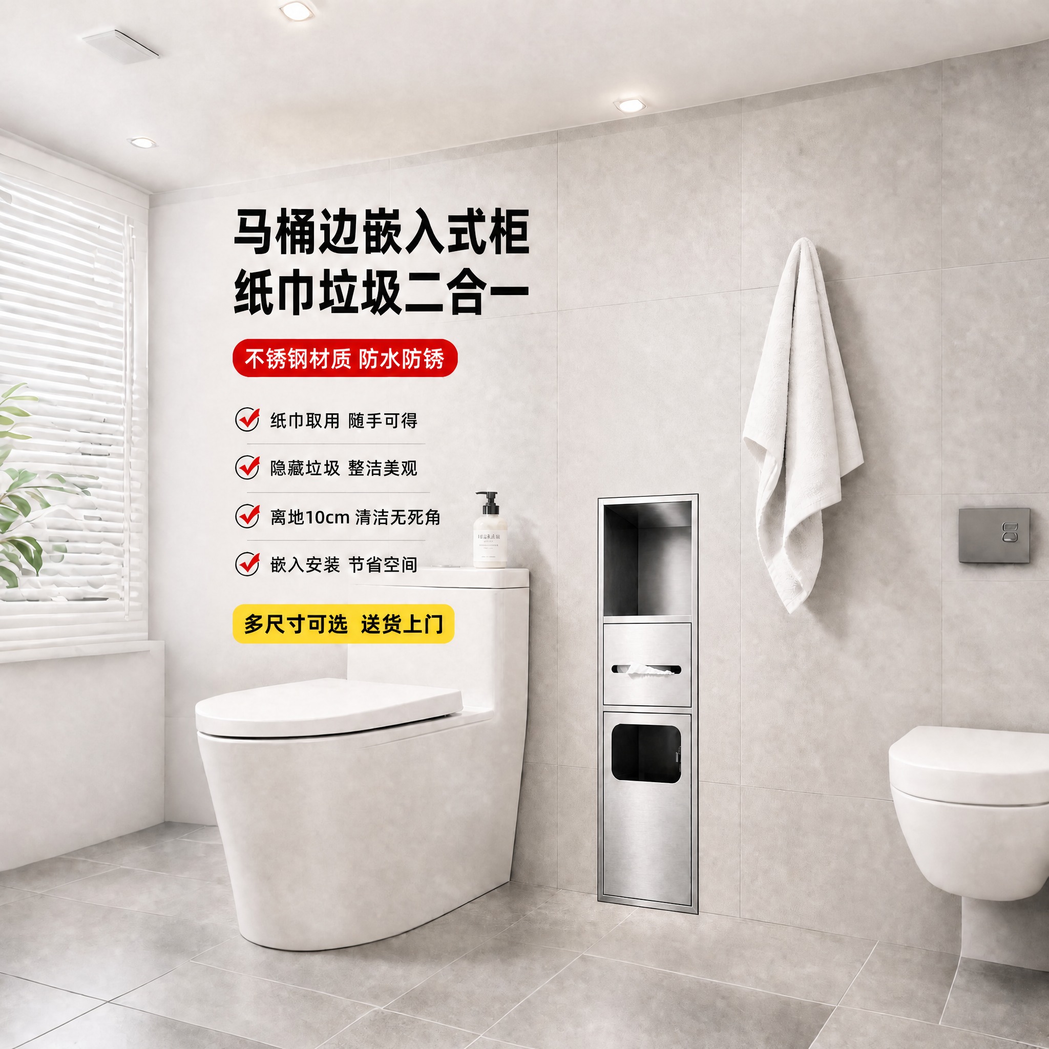 保持卫生间整体场景、白色马桶、左侧所有文字标题和卖点内容完全不… - 图片创意预览