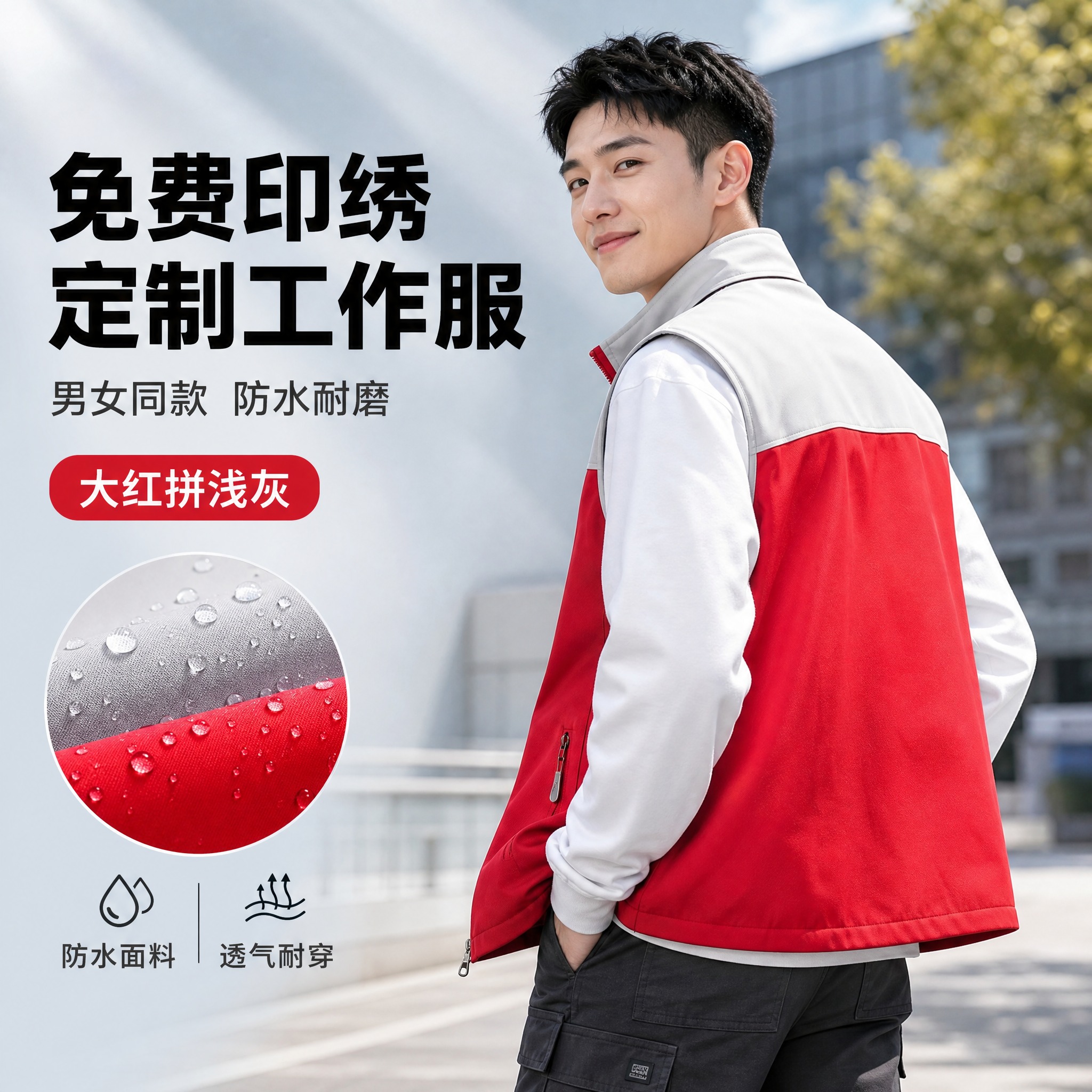 [主图-1] 核心卖点首图，主题为拼色立领防水马甲工作服免费印… - 图片创意预览