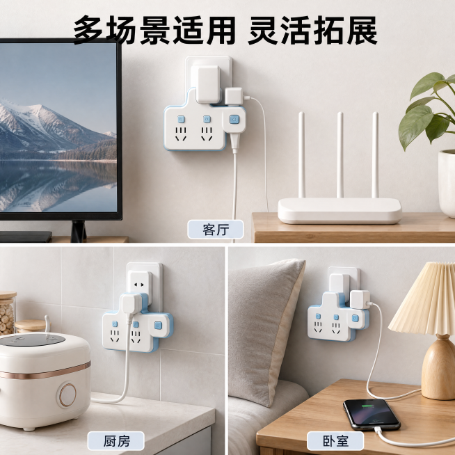 [主图-4] 拓展插座多场景使用展示图。
[氛围风格] 温馨简约家居生活化场景，真实自然
[画质] 商业摄影质感，光线自然通透，产品清晰真实
[元素] 分三个宫格展示拓展插座在不同家庭场景的使用：上方预览效果