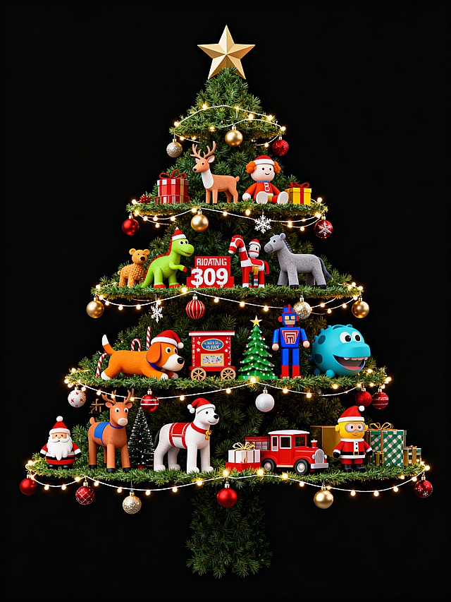 3D软质玩具风圣诞树，融合卡通角色与微缩艺术，暖光串灯点缀，营造喜庆温馨的节日氛围，趣味十足。