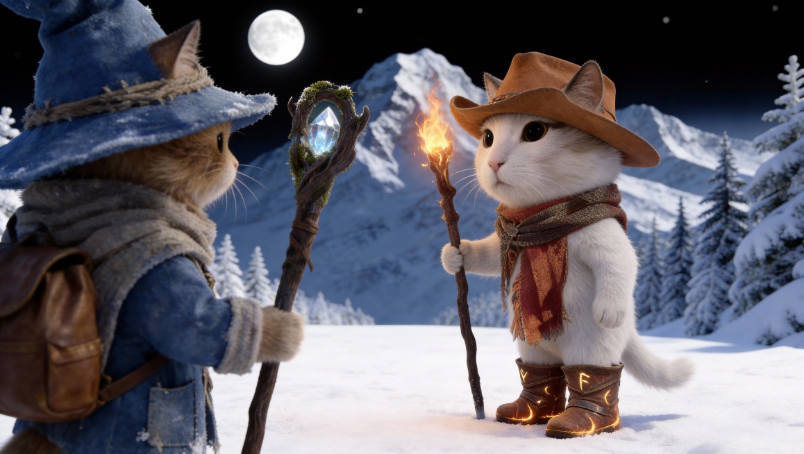 帮我参考图片，生成镜头，风格不变，镜头 ：蓝猫右侧过肩镜头（占画面1/2），白猫位于画面右侧三分之一处，注视着蓝猫预览效果