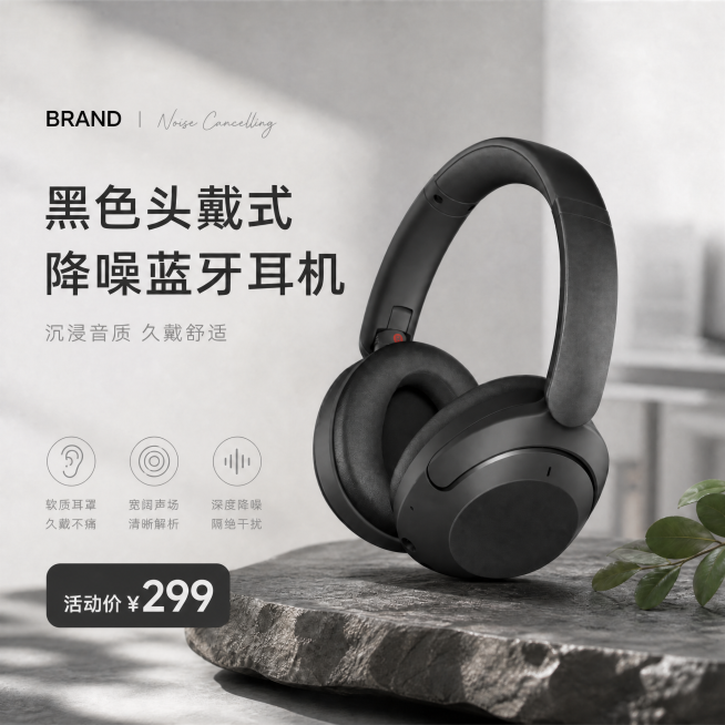 在现有图片左下角添加价格信息，保持原有整体风格、布局、光影、产品细节完全不变，仅在左下角图标下方的空白区域增加一个深灰色圆角价格标签，标签内显示白色大号文字"活动价 ¥299"，字体采用无衬线粗体，大预览效果
