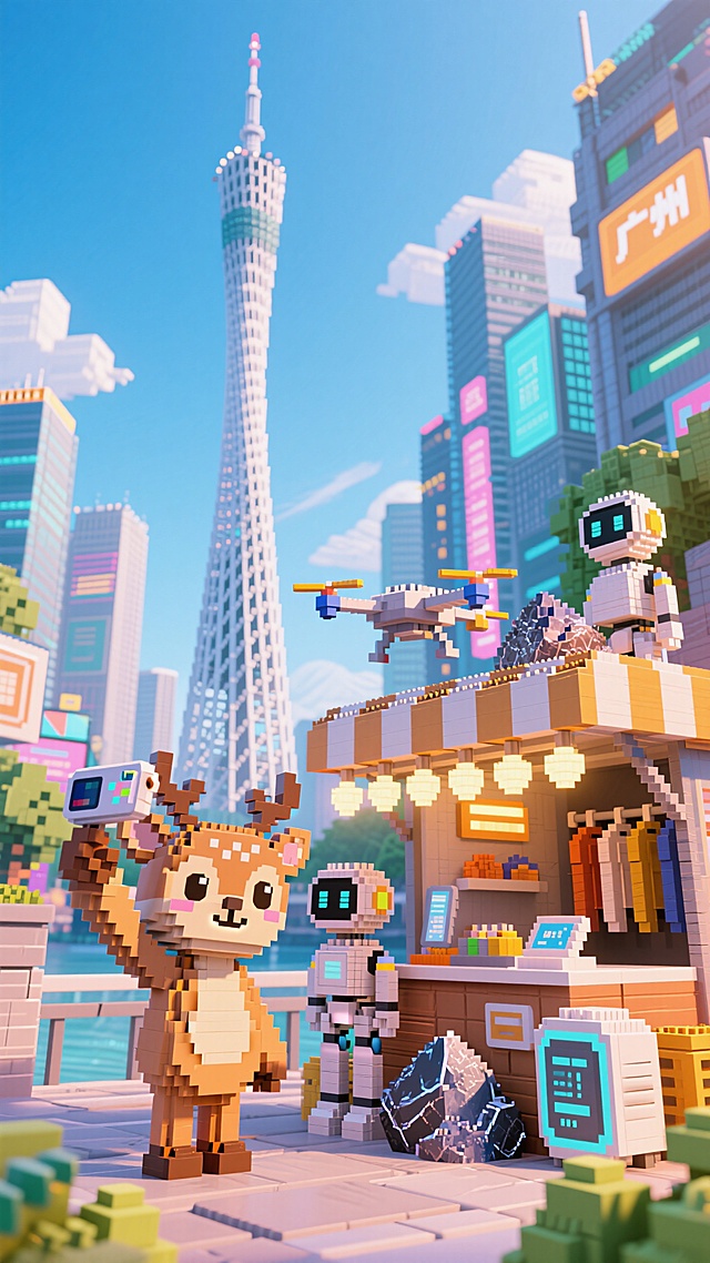 背景是广州城市，有广州塔，前景是人工智能摊位，1个拟人小鹿在摊位前自拍，旁白有机器人、矿石、无人机、智能衣柜等人工智能产品。