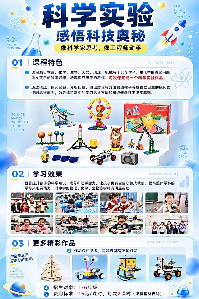 在「03 更多精彩作品」模块区域添加一行说明文字："作品仅供参考，每次课都有不同作品"。文字放在该模块标题下方或作品展示区附近的合适位置，字体风格与整体蓝白科技童趣风格协调，字号适中清晰。其余所有内容（主标题、课程特色、产品展示、学习效果、招生对象、费用标准等）全部保留不变。