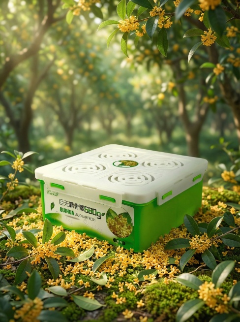 将背景替换为简洁的桂花林地面，淡化背景，放大产品使其更突出，在产品周围的地面添加带绿叶的桂花和桂花枝树叶，整体调整为森林沉稳清新绿色调，添加森林里淡淡的光照效果预览效果