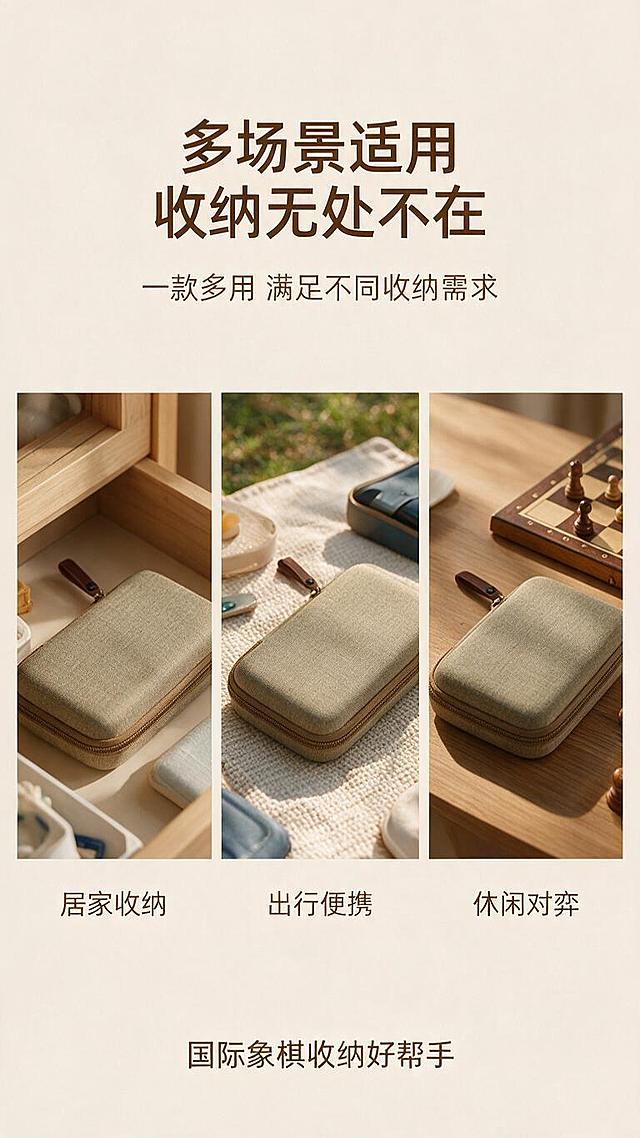 电商详情页第7屏——多场景应用页，产品为卡其灰绿色亚麻布面EVA收纳包。本屏使用【图2】作为外观参考，确保颜色细节与实拍一致，无LOGO。
[氛围/风格] 多场景生活方式展示，暖色调，温馨实用感。
[元素布局] 画面分三个小场景区块展示：居家收纳、户外出行、办公休闲；每个场景中都有该EVA收纳包自然摆放；包身颜色卡其灰绿，古铜拉链，棕色皮拉片，无LOGO。
[光影质感] 各场景统一暖光，柔和自然，整体调性统一。
[配色色系] 全局底色 #F5F0E6；主色卡其灰绿；辅助色木色、深棕；标题深棕色。
[视角构图] 三栏竖向布局，阅读动线顶部大标题→中部三场景→底部总结语。
[文字版式] 顶部主标题「多场景适用 收纳无处不在」，副标题「一款多用 满足不同收纳需求」；三场景分别标注：居家收纳、出行便携、休闲对弈；底部总结语「国际象棋收纳好帮手」；文字清晰。
[负向提示词] 变形，水印，文字错乱，颜色偏差，有LOGO，场景杂乱。