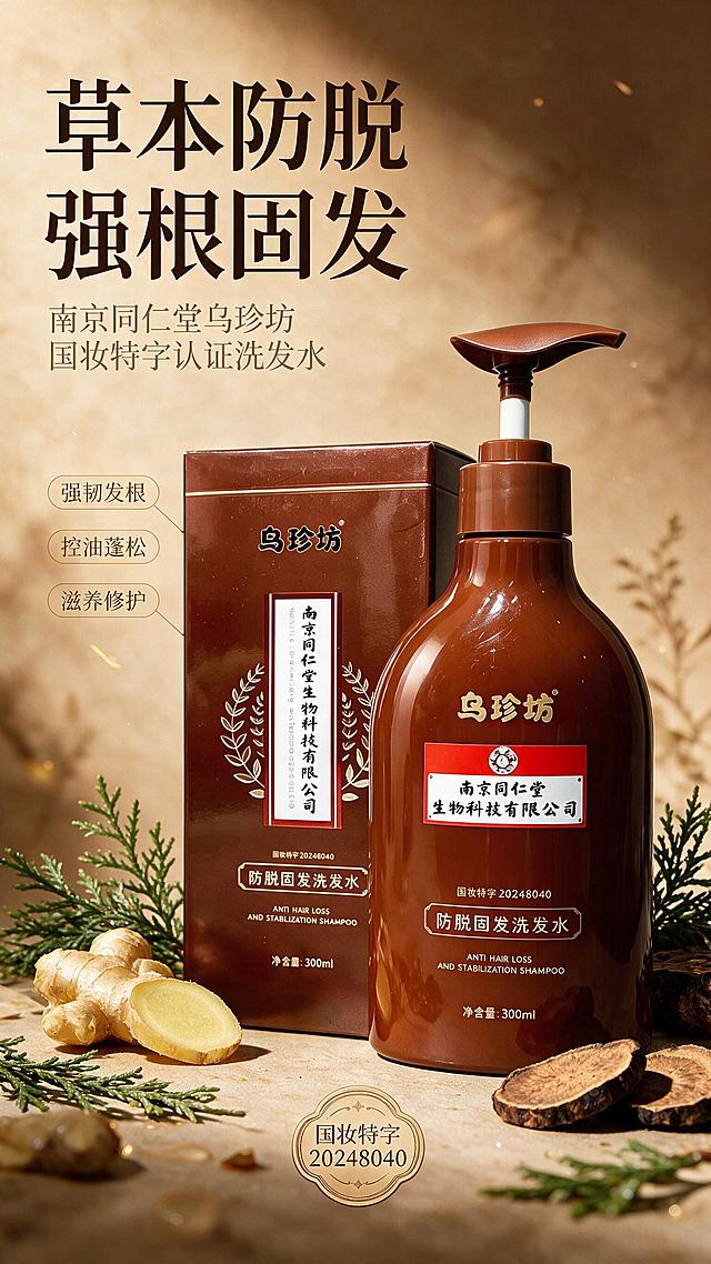 [商品] 使用【图2】南京同仁堂乌珍坊防脱固发洗发水（瓶+外盒组合）；保留棕红色瓶身、按压泵头、金色"乌珍坊"Logo、红底白字"南京同仁堂生物科技有限公司"标签、"国妆特字20248040"字样、"防脱固发洗发水"字样、净含量300ml，以及外盒的棕红色、金色月桂叶纹样、竖排标签文字；商品处理：增强瓶身光泽质感与盒面烫金细节，去除杂点，保持真实比例与结构。
[画面] 页面目标：头图海报，突出草本防脱核心卖点与品牌背书。构图：产品组合居中偏右，占画面约55%，瓶身正面朝前略侧15度，外盒在左侧靠后；左侧留白放主标题与副标题；前景散落新鲜生姜片、侧柏叶、何首乌片等草本原料，中景产品，后景暖棕渐变+柔和光斑与草本植物剪影，形成3层视觉层次。阅读动线：左上主标题→左下副标题与卖点→右侧产品→底部资质徽章。
[视觉] 套系策略：风格=东方草本高级商业摄影，国潮现代融合；标题字=宋体粗体（思源宋/方正清刻本悦宋风格），有衬线厚重感；正文字=现代无衬线中黑体；主色=棕红赭石色（取自瓶身）；背景延展=基于棕红做深浅渐变、同色系晕染、宣纸纹理与草本剪影层次；强调色=烫金古铜色，仅用于小面积图标、引线、徽章描边和标题点缀；标题色=深棕近黑；正文色=暖棕灰；组件=圆角浅棕信息卡、细线引线、印章式徽章；光影=左前侧暖柔光，瓶身有明显高光带，背景有柔和逆光轮廓。
[文字] 左上主标题"草本防脱 强根固发"（8字），副标题"南京同仁堂乌珍坊 国妆特字认证洗发水"；主标题下方3个短卖点胶囊："强韧发根""控油蓬松""滋养修护"；底部居中放"国妆特字20248040"徽章式文字。文字均为横排，不遮挡产品主体标签与Logo。
[规格] 单屏比例9:16竖版，分辨率2K，负向提示：避免变形、错字、文字过小、冷蓝/蓝灰背景、瓶身文字错乱、绝对化用语、医疗功效承诺、生发治疗表述。
