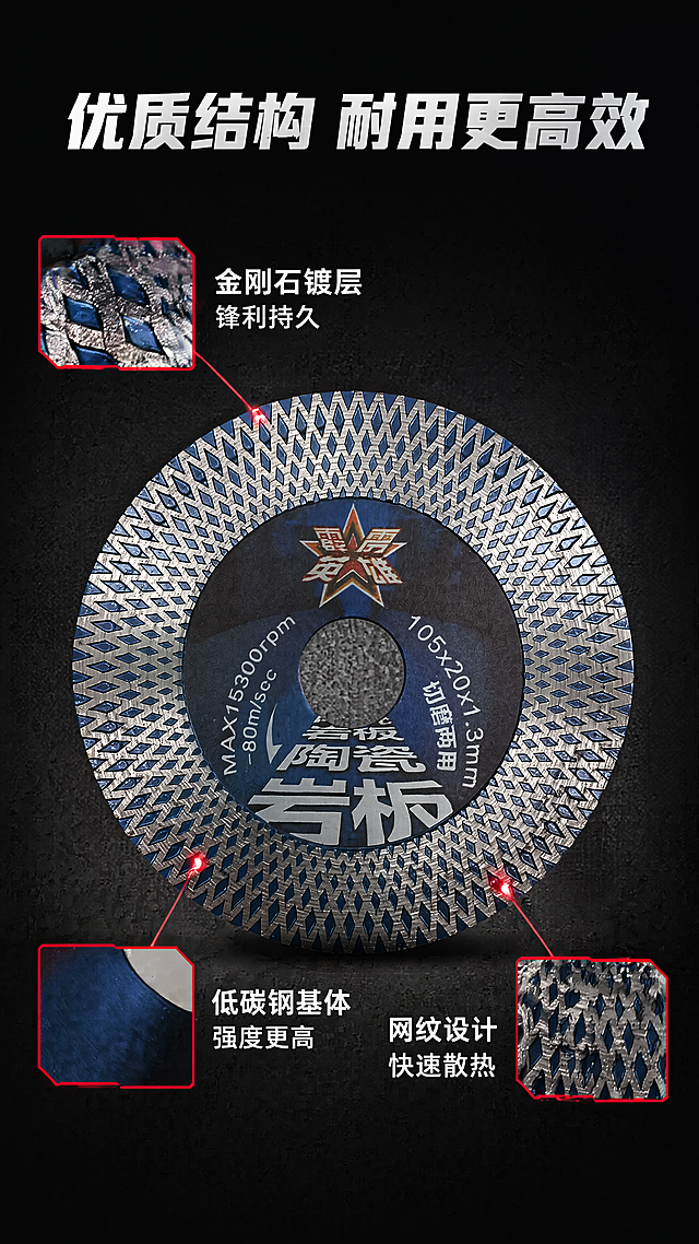 [第4屏] 结构与材质解析，切磨两用金刚石锯片工艺展示。本屏使用【图1】作为商品主体。
[氛围/风格] 专业解析页，深色背景突出金属材质质感，科技感专业感强。
[元素布局] 产品占据画面中心，使用红色标注框分别标注金刚石工作层、低碳钢基体、散热网纹孔三个核心结构，每个标注对应文字说明，顶部主标题，排版清晰重点突出。产品结构尺寸与原图保持一致。
[光影质感] 中心打光突出刀头纹理材质，金属颗粒感清晰可见，标注位置明亮醒目。
[配色色系] 全局底色#121212黑色；产品保持原有蓝银色；标注框红色，说明文字白色。
[视角构图] 中心构图，产品完整展示，标注引导视线，结构清晰易读。
[文字版式] 主标题「优质结构 耐用更高效」；三个标注说明：「金刚石镀层 锋利持久」「低碳钢基体 强度更高」「网纹设计 快速散热」，文字清晰不遮挡关键部位。
[比例分辨率] 9:16，4K，文字清晰可辨。
[负向提示词] 结构标注错误，产品变形，文字模糊，颜色偏差。