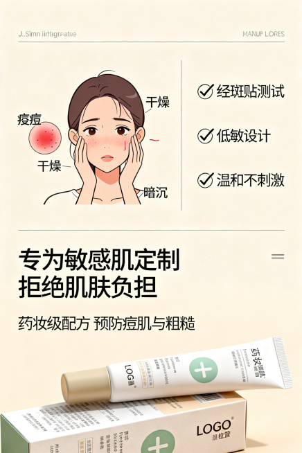 日系极简杂志风排版，浅米色背景，左侧用柔和插画呈现敏感肌场景，包含泛红、痘痘、干燥、暗沉肌肤，禁止使用夸张恐怖的肌肤问题插画，右侧用对勾图标标注产品优势：经斑贴测试、低敏设计、温和不刺激，左右分栏排版预览效果