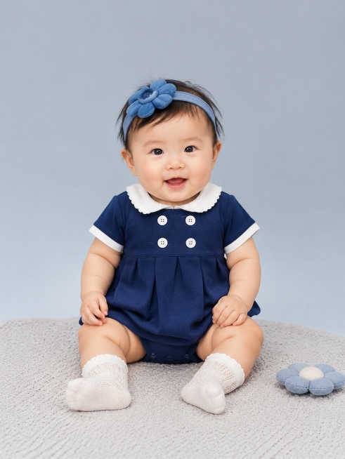 超写实百天宝宝模特室内影棚服装展示摄影。
主体：百天宝宝蓝色绣花连体衣严格参照上传产品图，完整保留蓝色主体、撞色领口袖口、立体绣花全部细节，纹理、颜色、造型与原图完全一致，产品占画面 50%，核心展示预览效果