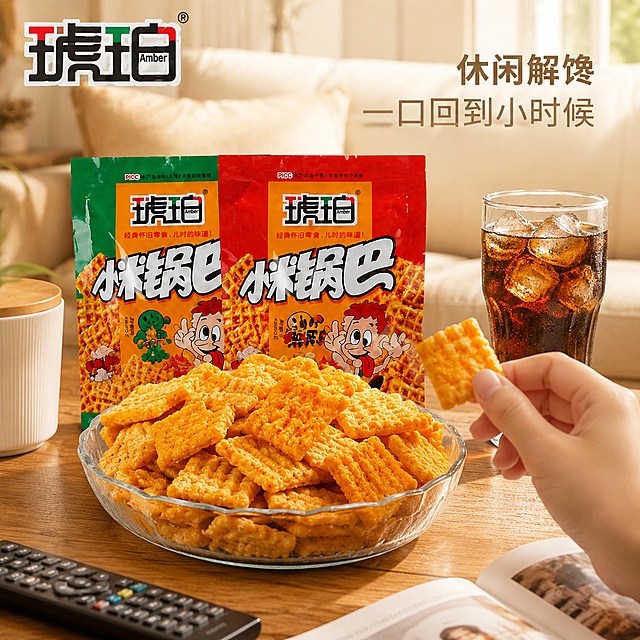 [主图-4] 琥珀小米锅巴休闲场景体验图。[氛围风格] 生活方式真实场景，唤起怀旧记忆。[画质] 商业摄影质感、光线柔和通透、产品清晰真实、画面干净高级。[元素] 原木茶几上，玻璃果盘里盛放琥珀小米锅巴，旁边搭配一杯冰可乐，一只手正拿取一块锅巴，背景是浅色沙发，营造休闲追剧场景。左上角保留原品牌琥珀Logo，保持产品外观颜色结构不变。商品主体占比约65%。保持小米锅巴产品外观、物理结构、材质质感、颜色与输入产品图绝对一致，杜绝任何变形和色差，精细化处理。[光影] 窗边自然光，温暖柔和，营造慵懒休闲氛围。[配色] 暖木色主调，点缀可乐深棕和玻璃透明，整体温馨自然。[视角构图] 模拟第一人称抓拍视角，场景真实有代入感，景深自然。[文字版式] 右上角负空间放文案“休闲解馋 一口回到小时候”，浅棕小字清晰不抢主体。[输出要求] 1:1比例，文字清晰可辨，超高清商业摄影质感。[负向提示词] 变形，文字错乱，产品图模糊，背景杂乱，水印，电商平台Logo，文字遮挡主体