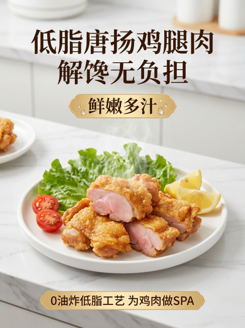 生成一张电商详情页首图，参考示例图的简约轻奢高端风格，产品是唐扬鸡腿肉，突出低脂差异化卖点，面向减脂人群，整体风格高端简约干净，不出现任何赠品信息，保留产品展示和文字排版结构，内容重新设计不照搬。主要预览效果