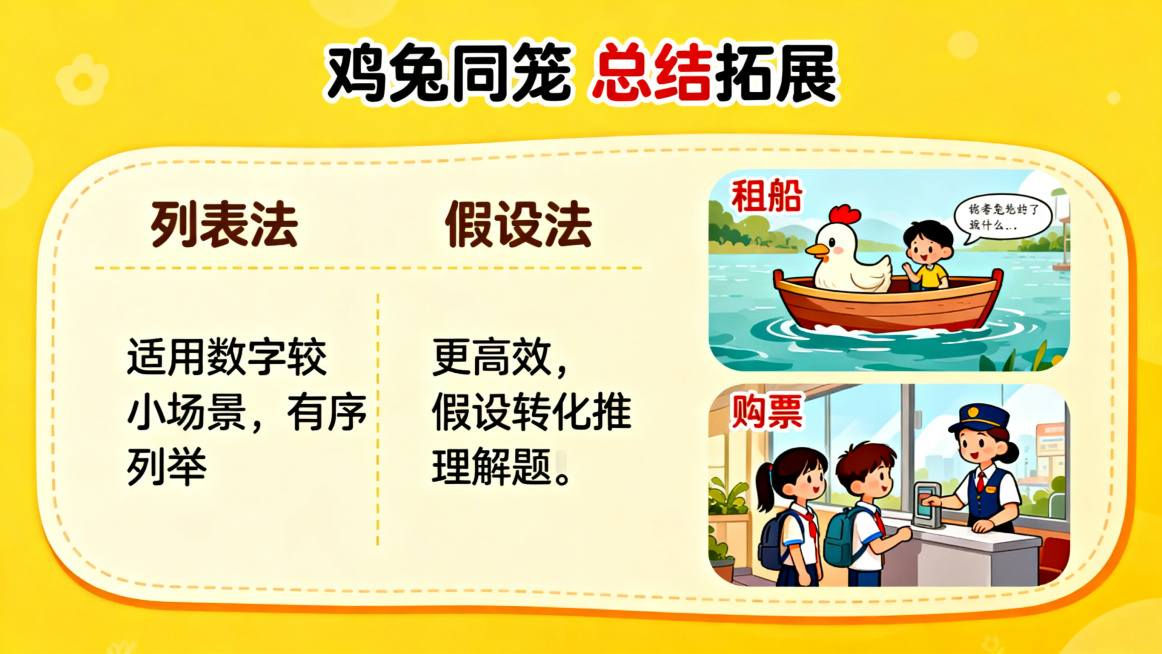 知识点总结海报，左侧对比展示：列表法（适用数字较小场景，有序列举）、假设法（更高效，假设转化推理解题），右侧展示生活中鸡兔同笼变式问题：租船、购票场景配图，标题“鸡兔同笼 总结拓展”，整体风格清晰美观预览效果