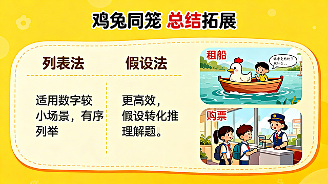 知识点总结海报，左侧对比展示：列表法（适用数字较小场景，有序列举）、假设法（更高效，假设转化推理解题），右侧展示生活中鸡兔同笼变式问题：租船、购票场景配图，标题“鸡兔同笼 总结拓展”，整体风格清晰美观，童趣风格，适合六年级小学生，分辨率1080P