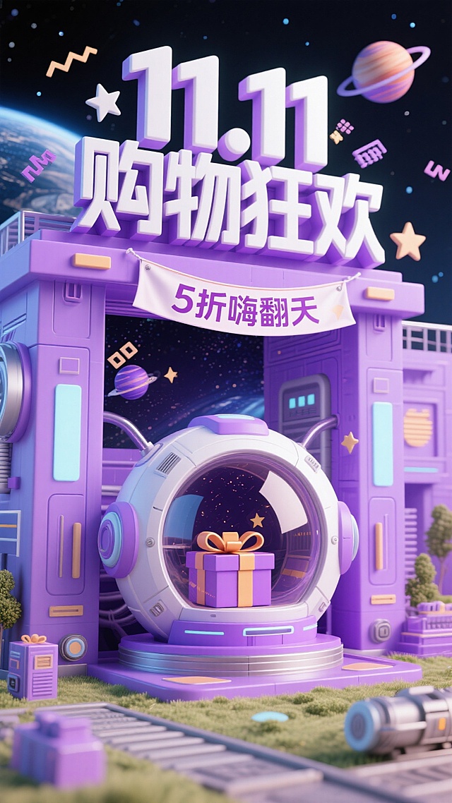 以紫色机械风为主色调，前景是立体字组成的醒目太空风建筑， “11.11购物狂欢” 立体大字（白与紫渐变，配星球、星星、乱码等装饰）及下方 “5 折嗨翻天” 横幅；中间有宇宙形状装置（内有礼物）；背景是太空舱