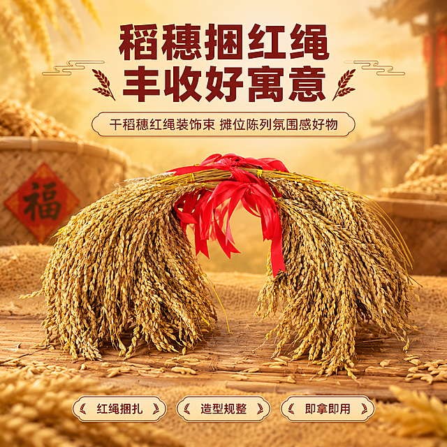 [商品] 使用【图1】稻穗捆红绳装饰束；保留干稻穗金黄质感、编织红绳鲜亮正红色、整体弧形弯月造型、红绳蝴蝶结捆扎方式、金色扎线细节；稻穗颗粒饱满自然下垂，不改变产品结构和颜色。
[画面] 目标：丰收主题氛围头图，突出产品整体造型与喜庆氛围。构图：居中对称构图，产品位于画面中央偏下，占画面60%；前景散落少量稻穗颗粒点缀，中景为产品主体，背景为暖金色渐变+虚化的丰收粮仓/竹编筐元素，营造层次感。阅读动线：从上至下，顶部标题区，中部产品主体，底部副标题区。
[视觉] 套系策略：风格=国风丰收喜庆商业摄影；标题字=阿里巴巴普惠体粗体；正文字=阿里巴巴普惠体常规；主色=暖金稻黄色；背景延展=基于暖金稻黄做深浅渐变、同色系肌理质感、竹编/麻布纹理点缀；强调色=正红色，仅用于小面积图标、引线和重点文字高亮；标题色=深棕红；正文色=深暖棕；组件=圆角米黄色信息卡、细金线引线、稻穗装饰元素；光影=左前侧暖金色柔光，产品底部自然投影。
[文字] 顶部主标题：稻穗捆红绳 丰收好寓意；副标题：干稻穗红绳装饰束 摊位陈列氛围感好物；底部配3个短标签：红绳捆扎 造型规整 即拿即用；文字区位于上下留白处，不遮挡产品主体。
[规格] 图片比例1:1，分辨率4K，quality=medium；负向提示：避免变形、错字、文字过小、冷蓝/冷灰背景、产品颜色改变、结构失真、极限词、违禁词、天然/环保/原生态等违规词。