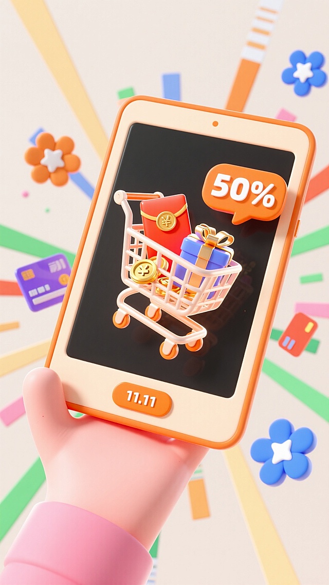 画面中心是一台浅橙色边框的平板电脑，机身轻薄，背面带有细腻的哑光纹理，一只粉嫩的手从平板下方托举，指尖轻抵边框边缘，姿态轻盈自然。平板屏幕内容饱满：中央是半透明镂空的购物车图标，车内堆满烫金纹路的红包、闪现金属质感的金币，以及粉、蓝、橙三色带细丝带的礼盒；购物车右侧弹出一个橙底白字的对话框，醒目印着 “50%” 折扣标识；屏幕底部设有一枚圆润的橙色 “11.11” 按钮，按钮边缘泛着淡淡的光效。平板四周环绕着向心状的多彩几何装饰：3 张印着简约图案的银行卡、4 朵浅粉与鹅黄的立体花朵、5 颗蓝白相间的星星元素，这些装饰呈放射状分布，仿佛从屏幕里迸发而出，充满 “爆炸式” 动感。背景为柔和的米白色，让主体元素更显突出。