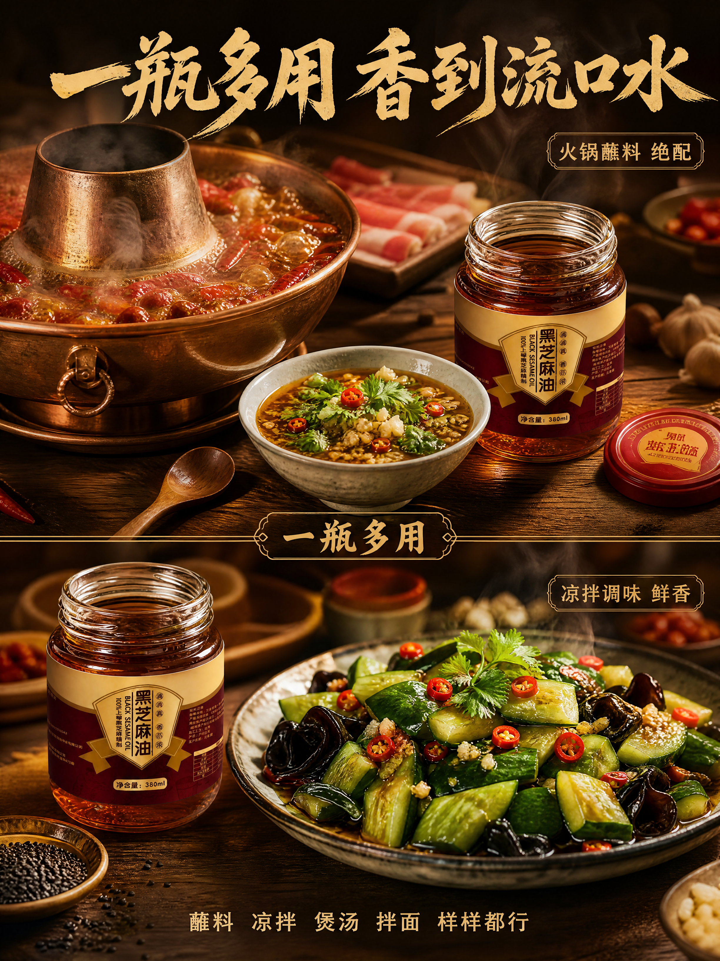 [商品] 使用【图1】黑芝麻油玻璃瓶；保留玻璃瓶外形、红金标签… - 图片创意预览