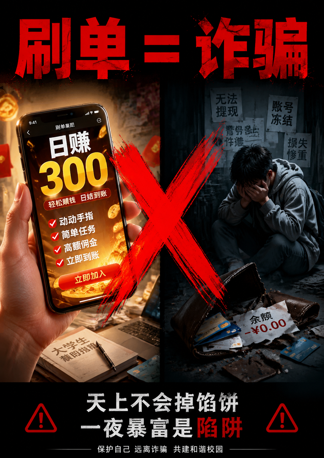 大学生刷单诈骗警示海报，对比强烈的红黑配色，左侧是诱人的 "日… - 图片创意预览