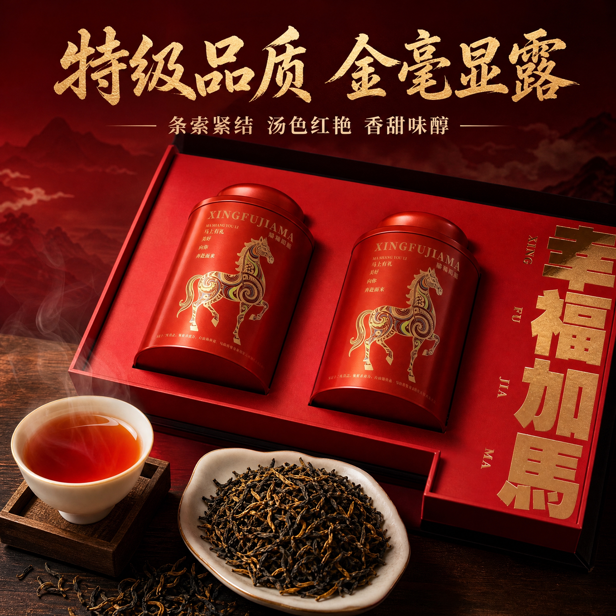 [主图-3] 正山小种红茶礼盒内部细节与茶叶品质展示，微观种草… - 图片创意预览