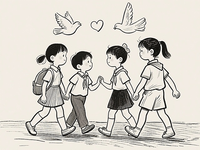 黑白线条勾勒的童趣插画，四名学生手牵手前行，飞鸟与爱心点缀天空，清新温馨的漫画风传递纯真友谊。