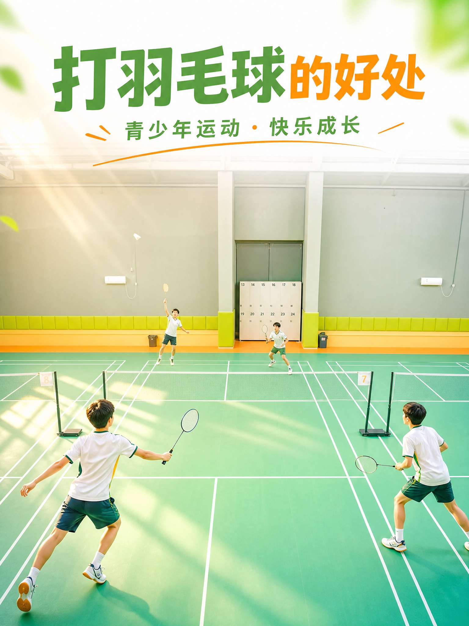 基于这张羽毛球馆实景照片重绘成青春明亮风格的小红书主图，3:4… - 图片创意预览