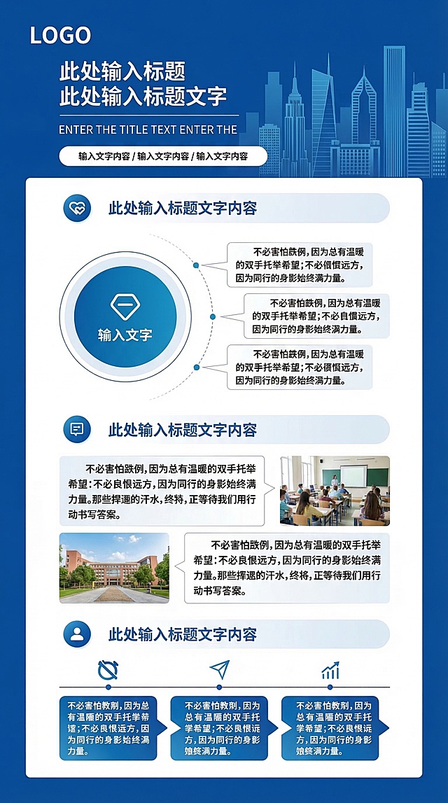 教育课题宣传竖版海报，整体风格与参考图一致，蓝白商务配色，顶部蓝色区域搭配城市风景图预留LOGO位置，大标题区域为"此处输入标题 此处输入标题文字"，下方内容区分为三个板块，带圆形图标、标题栏、图文介绍和时间轴模块，保留参考图的排版结构，宣传教育课题内容，整体专业正式清晰