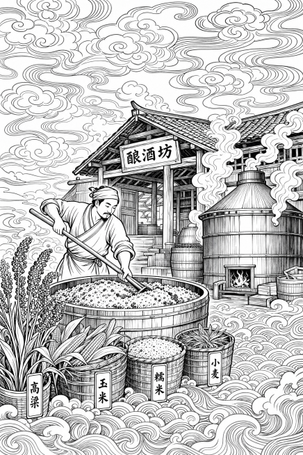 参考图片中国传统木刻版画风格，黑白线描，纯线条无色彩。画面描绘古代酿酒坊场景：一位酿酒师傅正在翻拌酒醅，身旁摆放着高粱穗、玉米、糯米、小麦四种粮食。中景是木结构酒坊和冒着蒸汽的大甑锅。天空布满中国传统预览效果