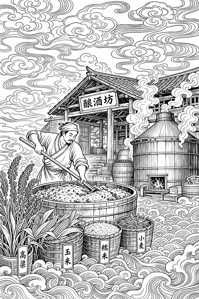 参考图片中国传统木刻版画风格，黑白线描，纯线条无色彩。画面描绘古代酿酒坊场景：一位酿酒师傅正在翻拌酒醅，身旁摆放着高粱穗、玉米、糯米、小麦四种粮食。中景是木结构酒坊和冒着蒸汽的大甑锅。天空布满中国传统祥云纹样，云头纹回旋缠绕，地面铺展鱼鳞水纹波浪线。画面装饰感强，线条疏密有致，仿古版画，留白构图。