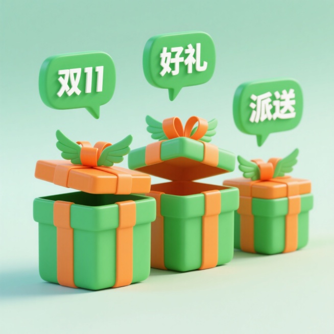 3 个绿橙配色礼盒（主体绿色，盒盖橙色，有绿色小翅膀与橙色丝带）依次在平面上排列；每个礼盒上方有绿色对话气泡，营造惊喜氛围，每个气泡从左至右依次是橙色的文字：“双 11”“好礼”“派送”；每个礼盒大小预览效果