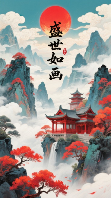 画面以山水为主体，有巍峨的山脉、缭绕的云雾，搭配红色的古建筑（如亭台楼阁）、红色的树木，上方有一个大大的红色圆形（似红日），主标题毛笔大字 （竖排版）“盛世如画”，旁边点缀小印章“10.1”预览效果
