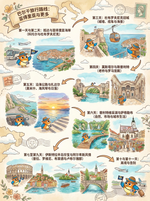 生成一幅手绘旅行行程信息插画风格的作品，竖版信息图排版，整体分为 6 个行程区块，以弯曲箭头串联时间顺序，清楚呈现巴尔干半岛多国旅行路线。（尺寸 3:4）

画面主角为同这只所上传的原创 mascot预览效果