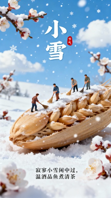 以冬日雪景为背景，巨型麦粒上有多位小人手持扫帚扫雪，周围点缀积雪的梅花，天空飘雪、蓝天点缀白云，风格清新治愈。画面上有创意字体“小雪”二字，旁边有写着“节气”的红色小印章。底部配有“寂寥小雪闲中过，温预览效果