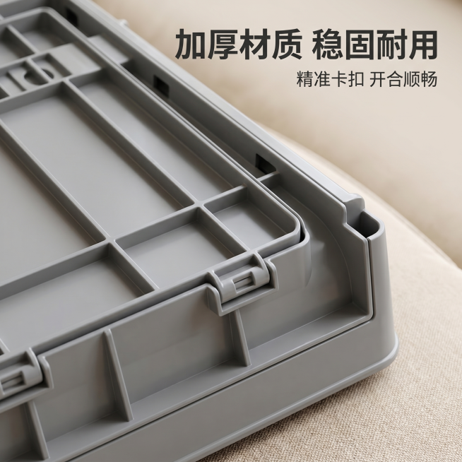 [主图 3] 可折叠收纳箱箱体卡扣结构细节特写，展示品质做工。[氛围风格] 微距特写凸显质感，干净清晰。[画质] 商业摄影微距质感，细节纹理清晰，光线均匀通透。[元素] 特写展示灰色收纳箱的卡扣折叠部预览效果