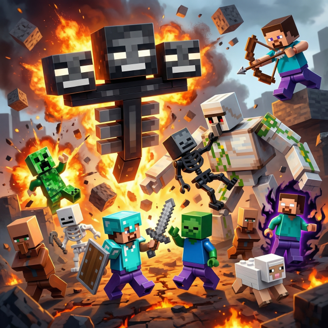 保留原图全部13个我的世界乐高公仔人仔，不改变数量，将所有形象变得更加生动立体，调整公仔大小形成错落布局，整体添加热血战斗氛围感预览效果