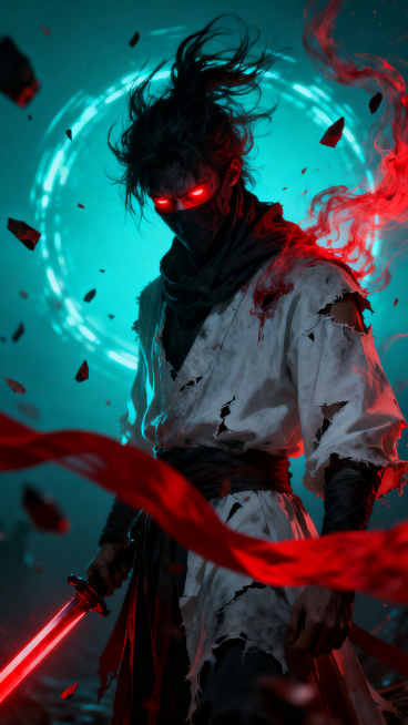黑神话风格，黑暗中站立的神秘人物低头，蒙面且面部被阴影覆盖，双眼发出强烈红光，头发凌乱向上飘动，周围环绕红色能量气流与飞舞的碎片，身穿白色破损夜行衣，背景是纯青色光晕，带有景深效果和发光虚影法环，整体预览效果