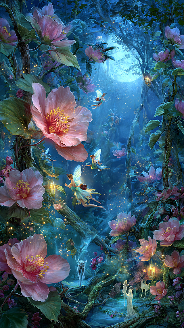 以超高清画质呈现，画面细节清晰可见，笔触细腻，色彩鲜艳且层次丰富，每个元素都精致无比，整体画面如同高精度的艺术品，清晰锐利，毫无模糊之感，巨大的花朵，梦幻丛林，茂密植物，紫荆花，各种奇异花朵，大叶植物，发光的叶子，发光的花朵，小精灵，古藤，藤蔓，小灯笼，蓝色水泡泡，白色水泡泡，金色光点，满月，蓝色发光蝴蝶，白鹿，夜色。