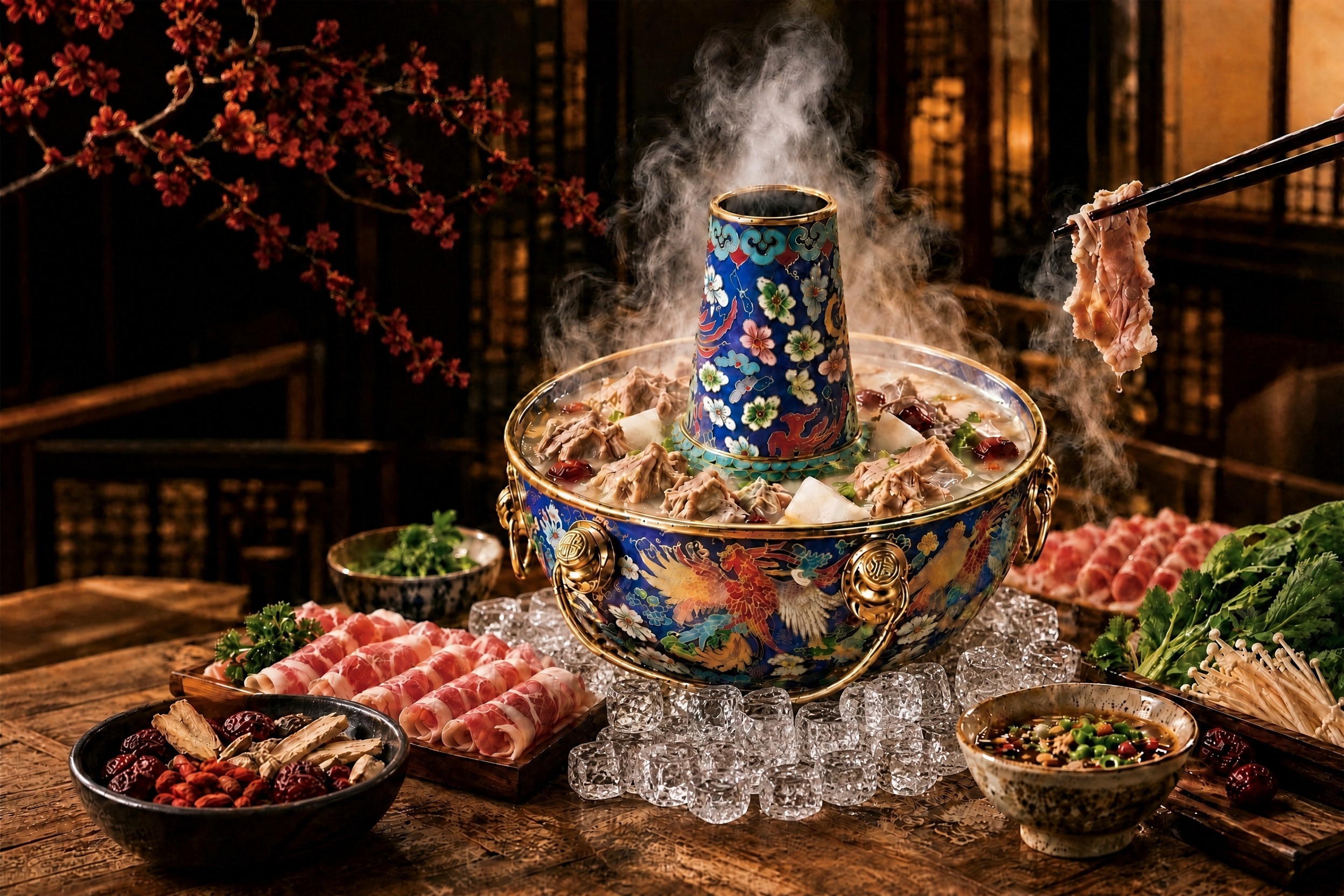 在景泰蓝铜火锅的底部周围增加更多方形透明冰块，冰块质感晶莹剔透… - 图片创意预览