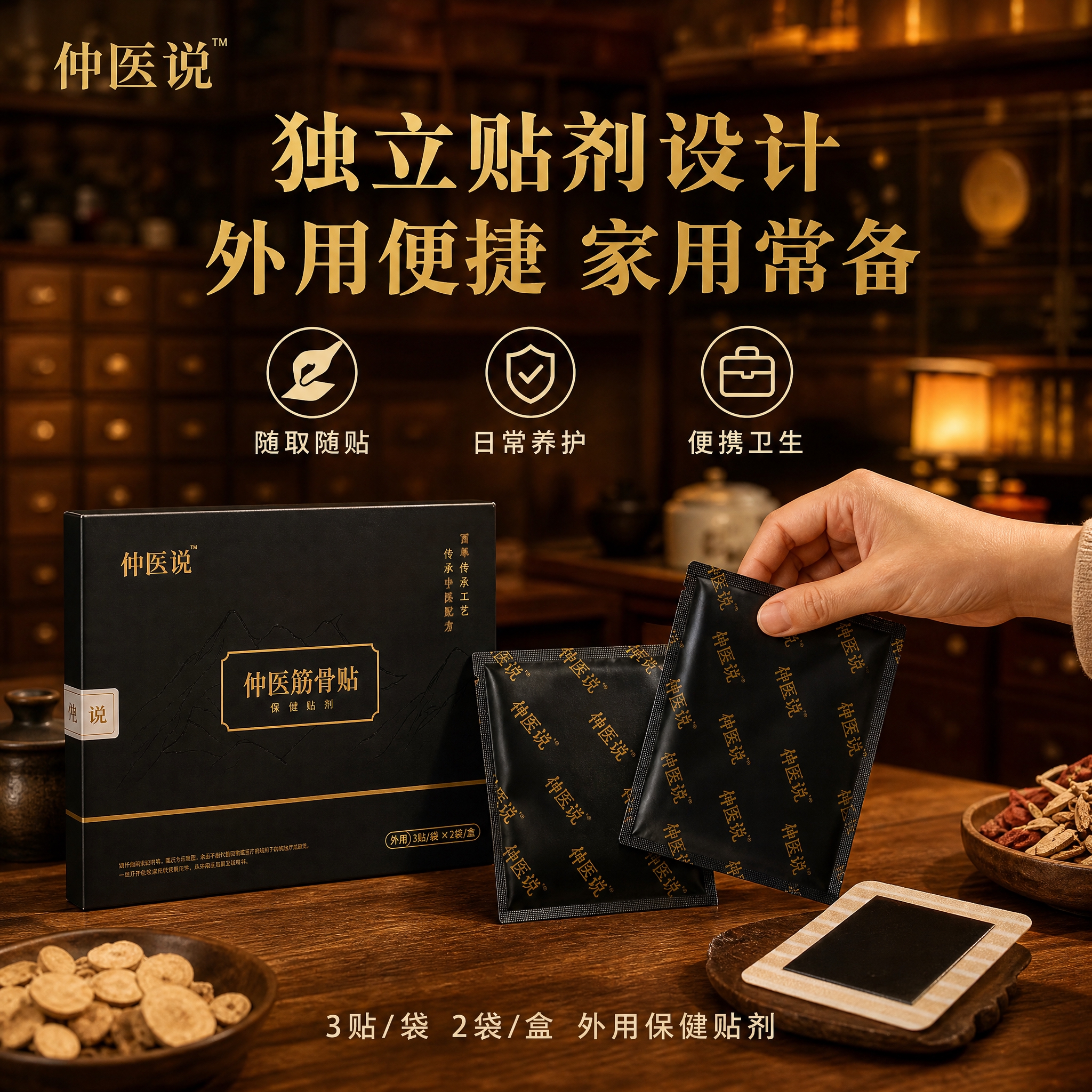 淘宝电商主图第四张，1:1比例，仲医筋骨贴独立贴剂使用场景图。… - 图片创意预览