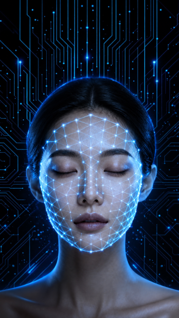 参考图片1的构图风格，替换底图为图片2，以图片3的蓝色作为主体颜色，删除所有文字，保持模特人像结构，将模特面部的光点改为蓝色，重新生成画面预览效果