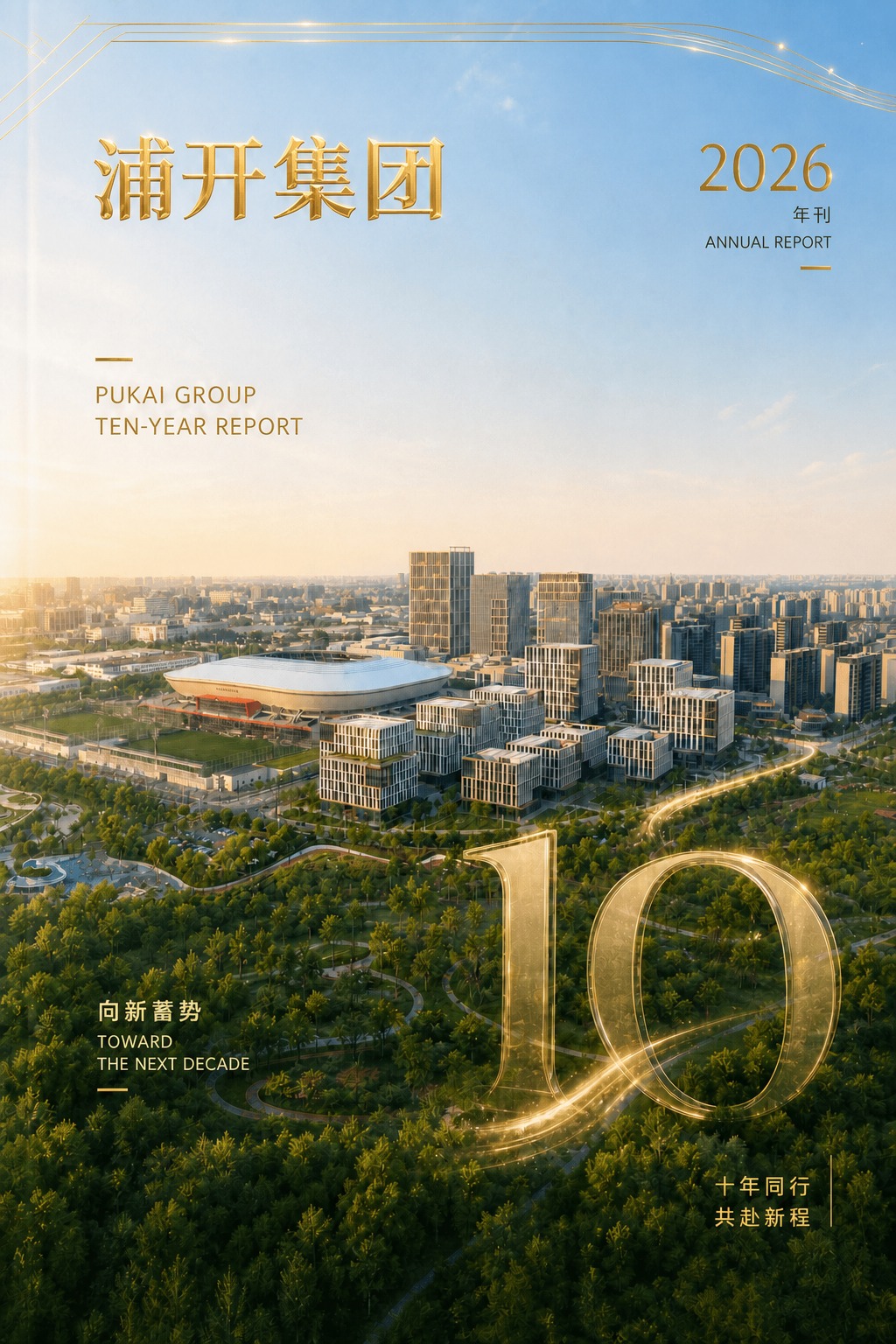 为这张浦开集团十周年封面增加更多金色元素：将左上角的"浦开集团… - 图片创意预览