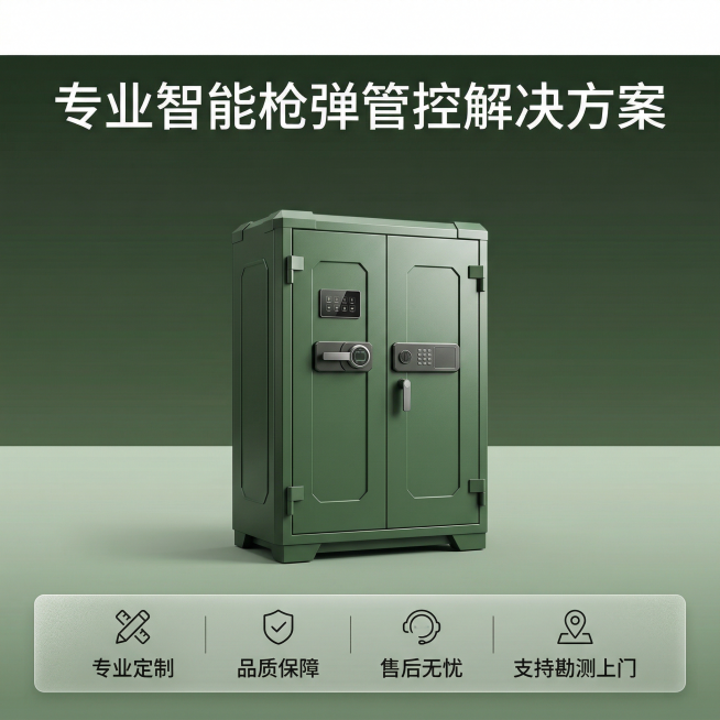[主图主题] 智能枪弹柜服务承诺收尾图
[氛围/风格] 专业稳重，值得信赖
[画面元素] 智能枪弹柜整体放置在画面偏中下位置，完整展示产品外观，背景为干净军绿色渐变，顶部留白便于文字展示
[配色色系]预览效果